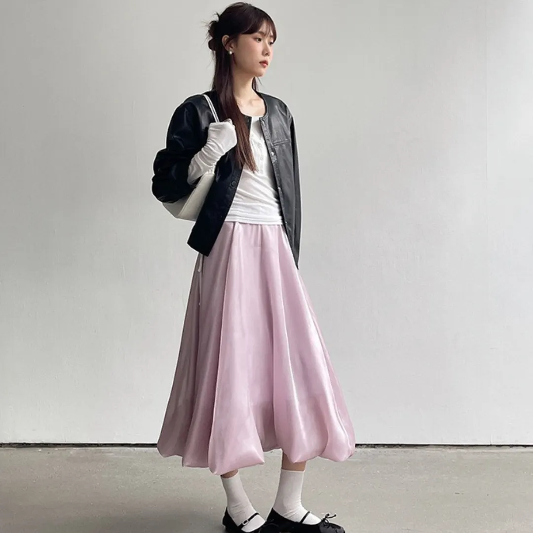 气质缎面流光泡泡纱裙 Shimmer Satin A-Line Midi Bubble Skirt