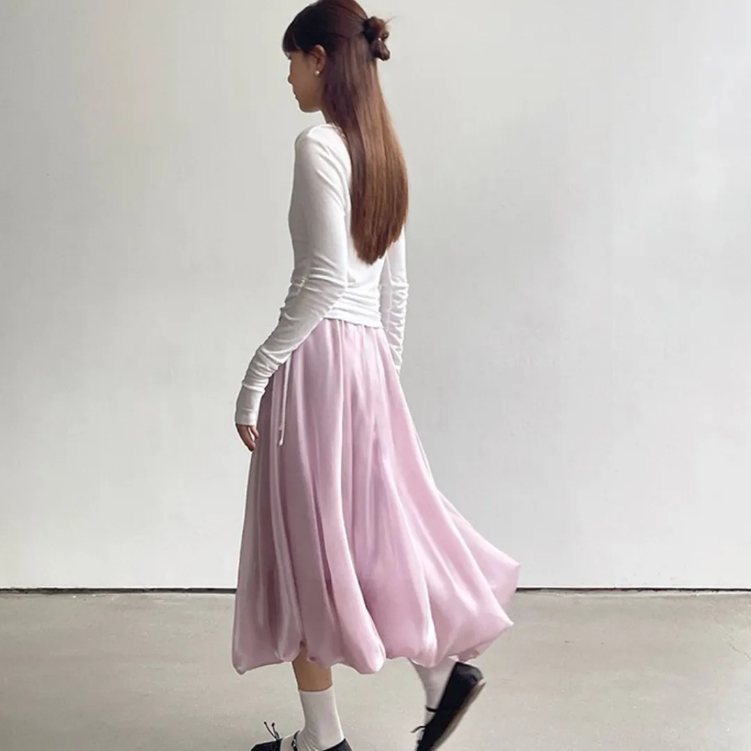 气质缎面流光泡泡纱裙 Shimmer Satin A-Line Midi Bubble Skirt