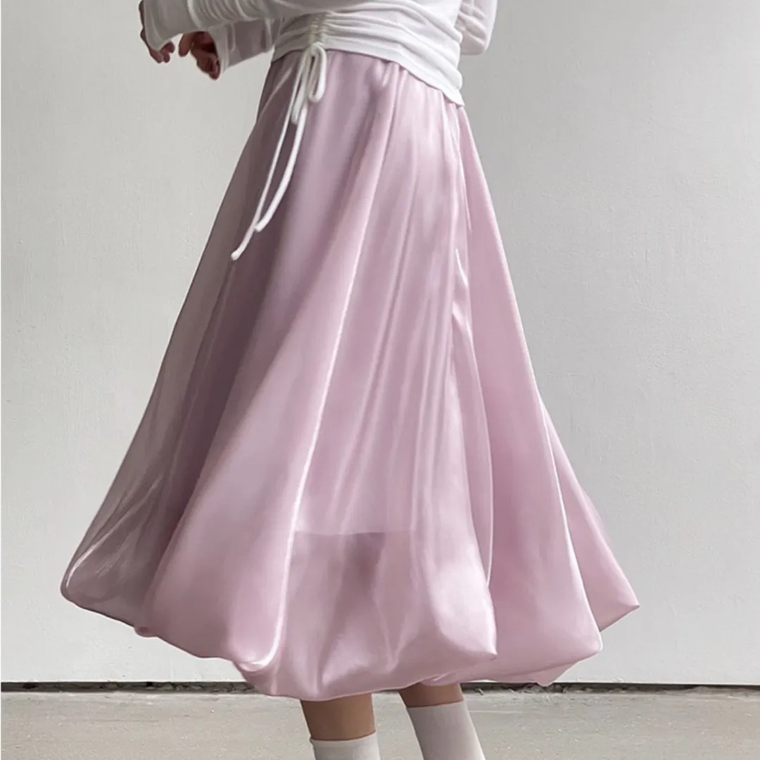 气质缎面流光泡泡纱裙 Shimmer Satin A-Line Midi Bubble Skirt