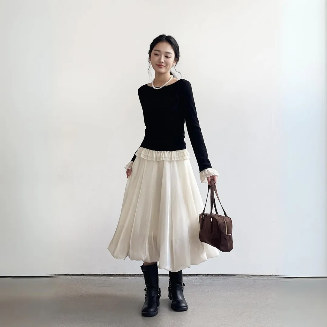 气质缎面流光泡泡纱裙 Shimmer Satin A-Line Midi Bubble Skirt