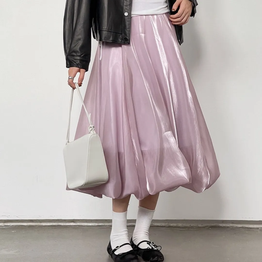 气质缎面流光泡泡纱裙 Shimmer Satin A-Line Midi Bubble Skirt