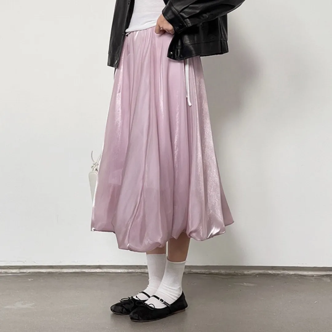 气质缎面流光泡泡纱裙 Shimmer Satin A-Line Midi Bubble Skirt