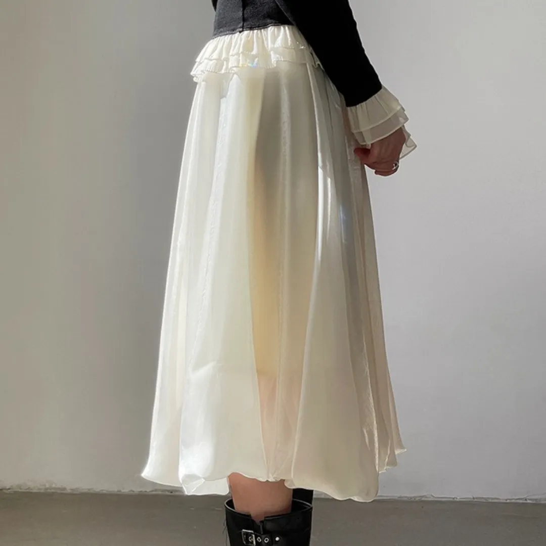 气质缎面流光泡泡纱裙 Shimmer Satin A-Line Midi Bubble Skirt