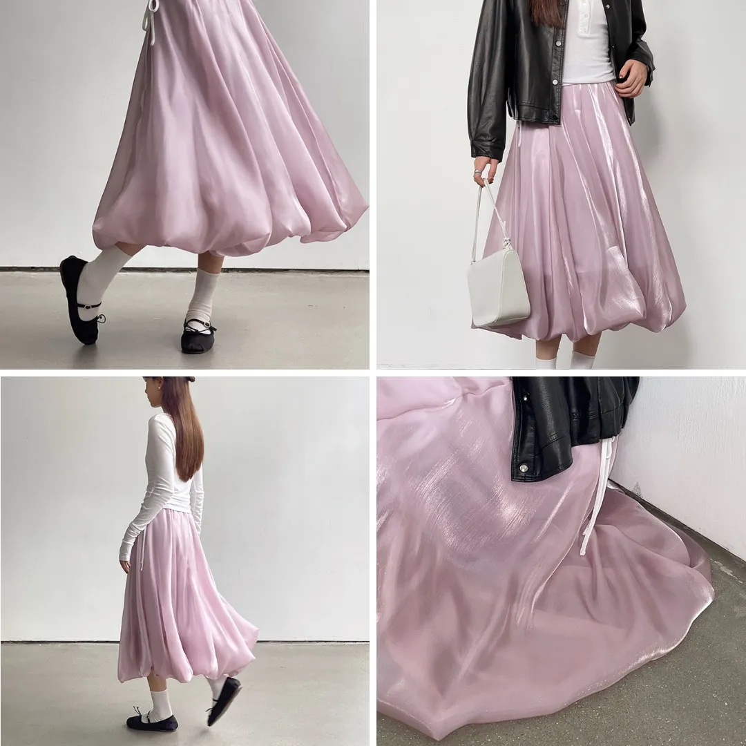 气质缎面流光泡泡纱裙 Shimmer Satin A-Line Midi Bubble Skirt