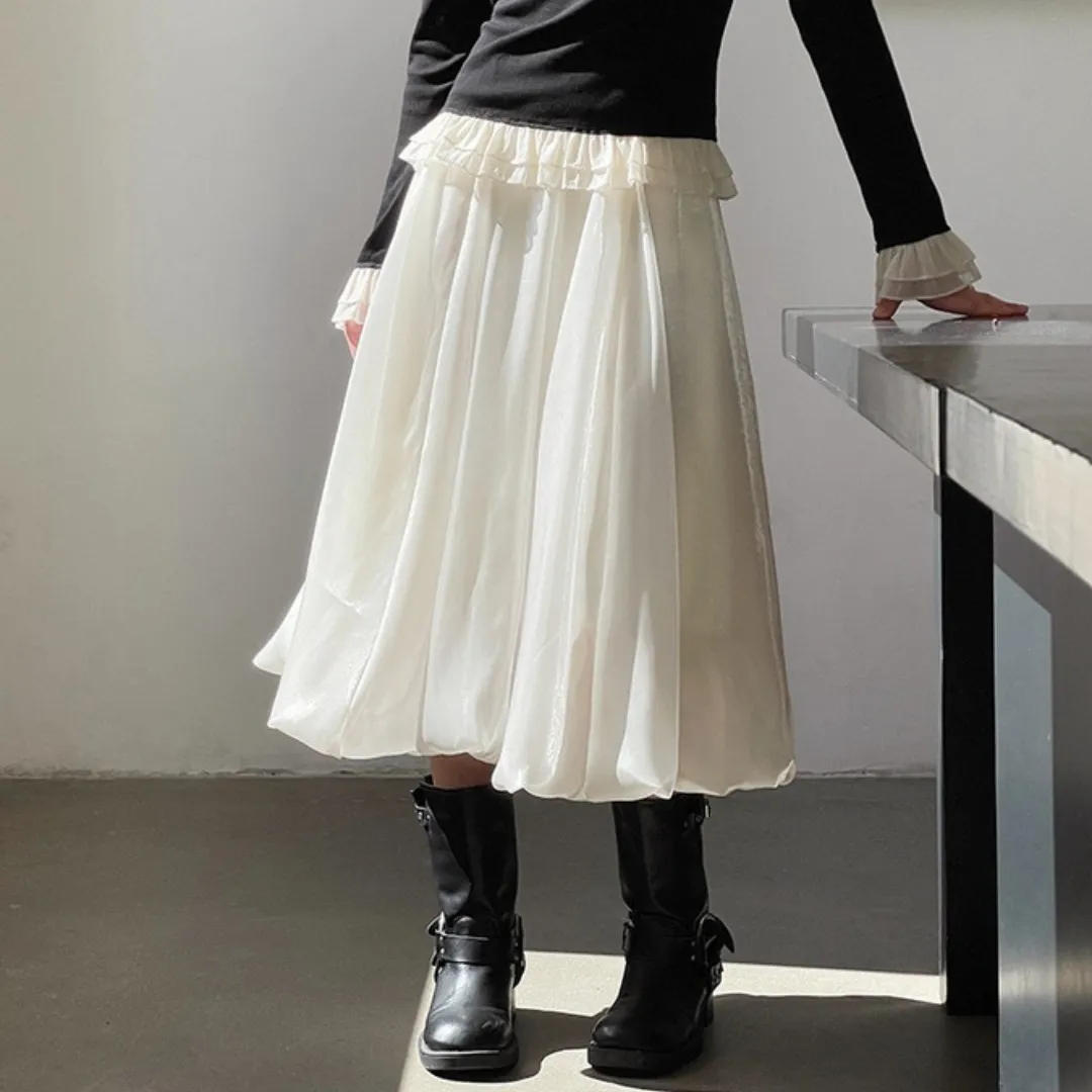 气质缎面流光泡泡纱裙 Shimmer Satin A-Line Midi Bubble Skirt