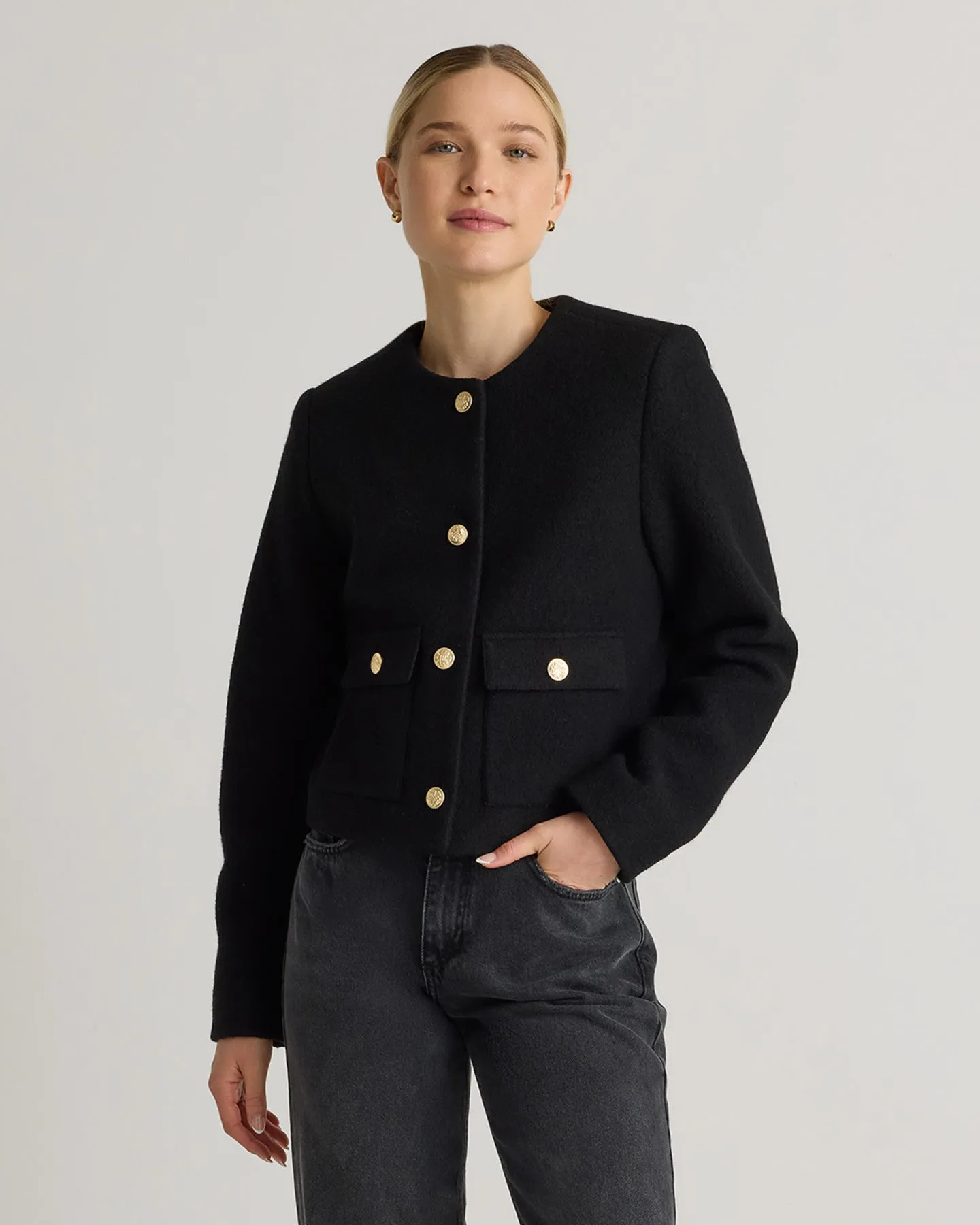 100% Merino Wool Collarless Cropped Jacket