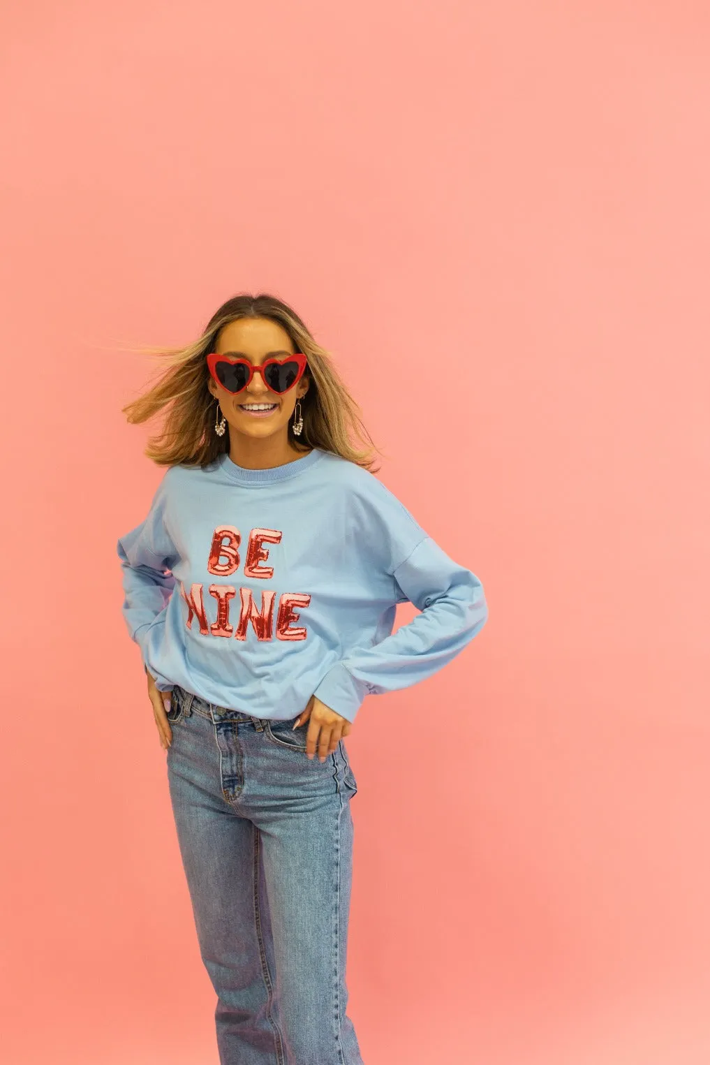 Be Mine Balloons on Light-Blue Crewneck Sweatshirt