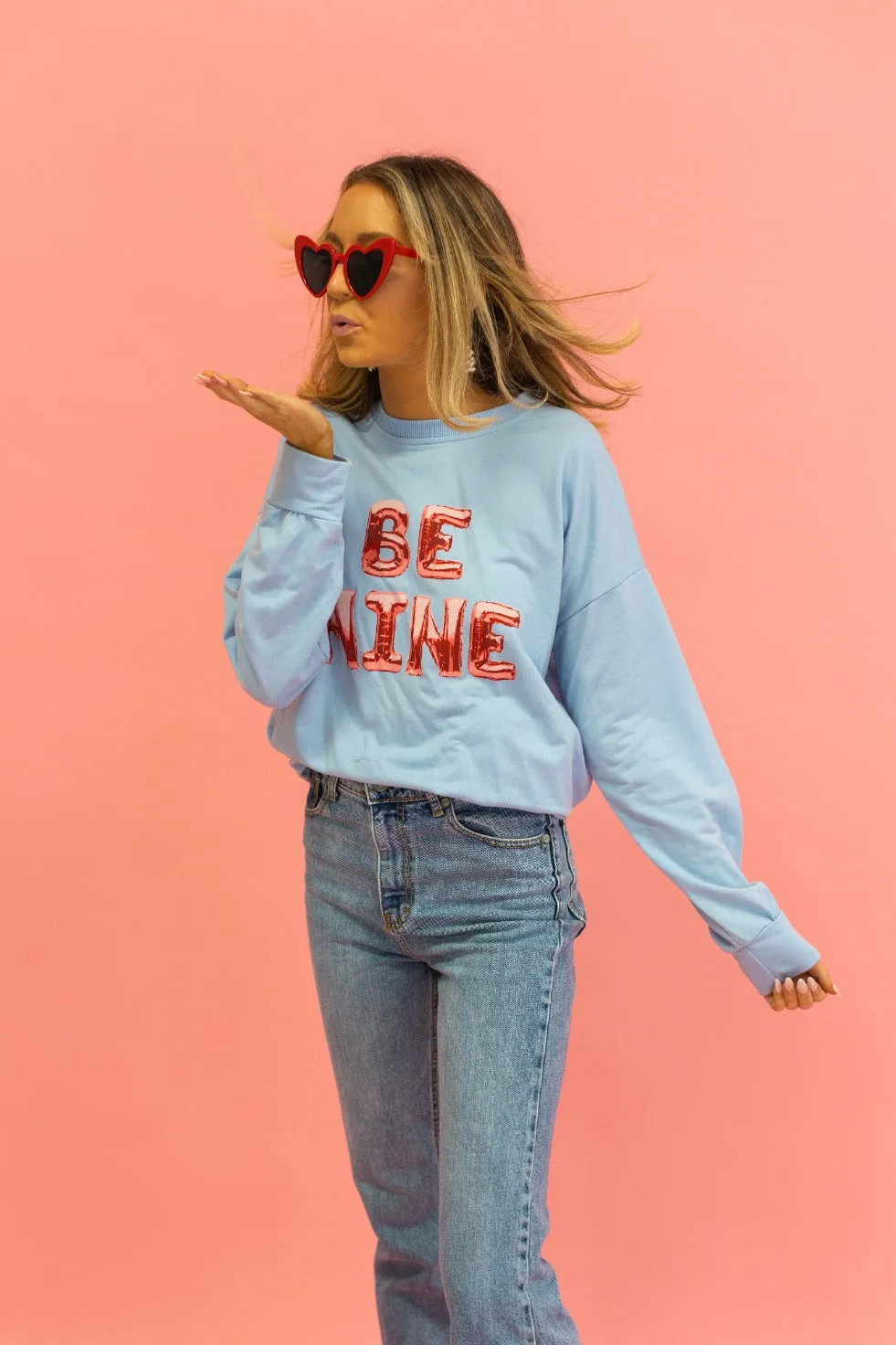 Be Mine Balloons on Light-Blue Crewneck Sweatshirt