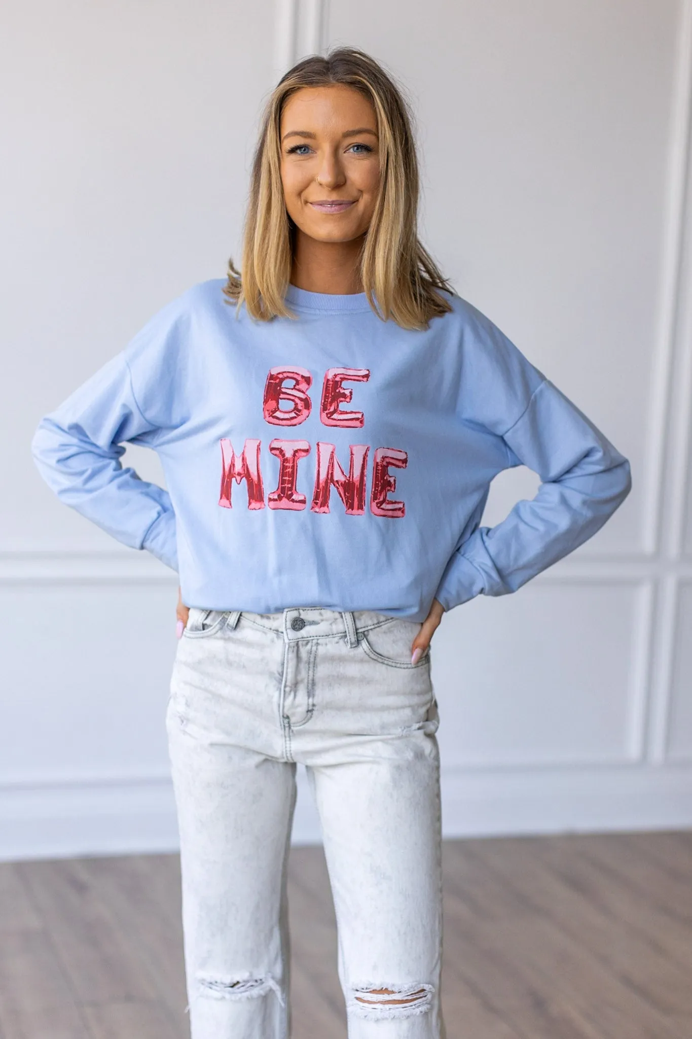 Be Mine Balloons on Light-Blue Crewneck Sweatshirt