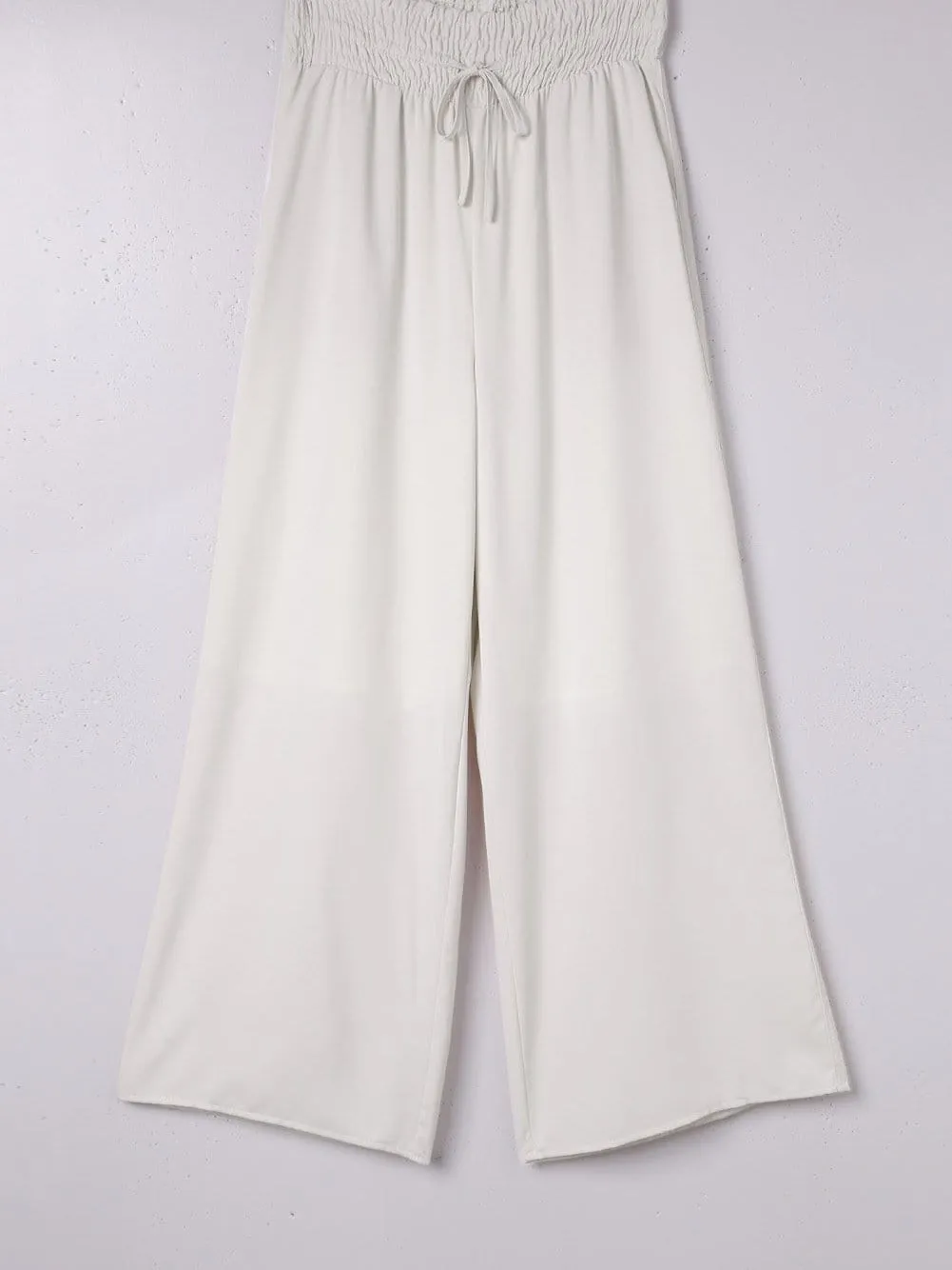 Beige High Waist Smocked Wide Leg Trousers