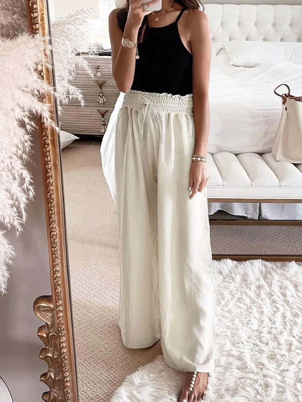 Beige High Waist Smocked Wide Leg Trousers