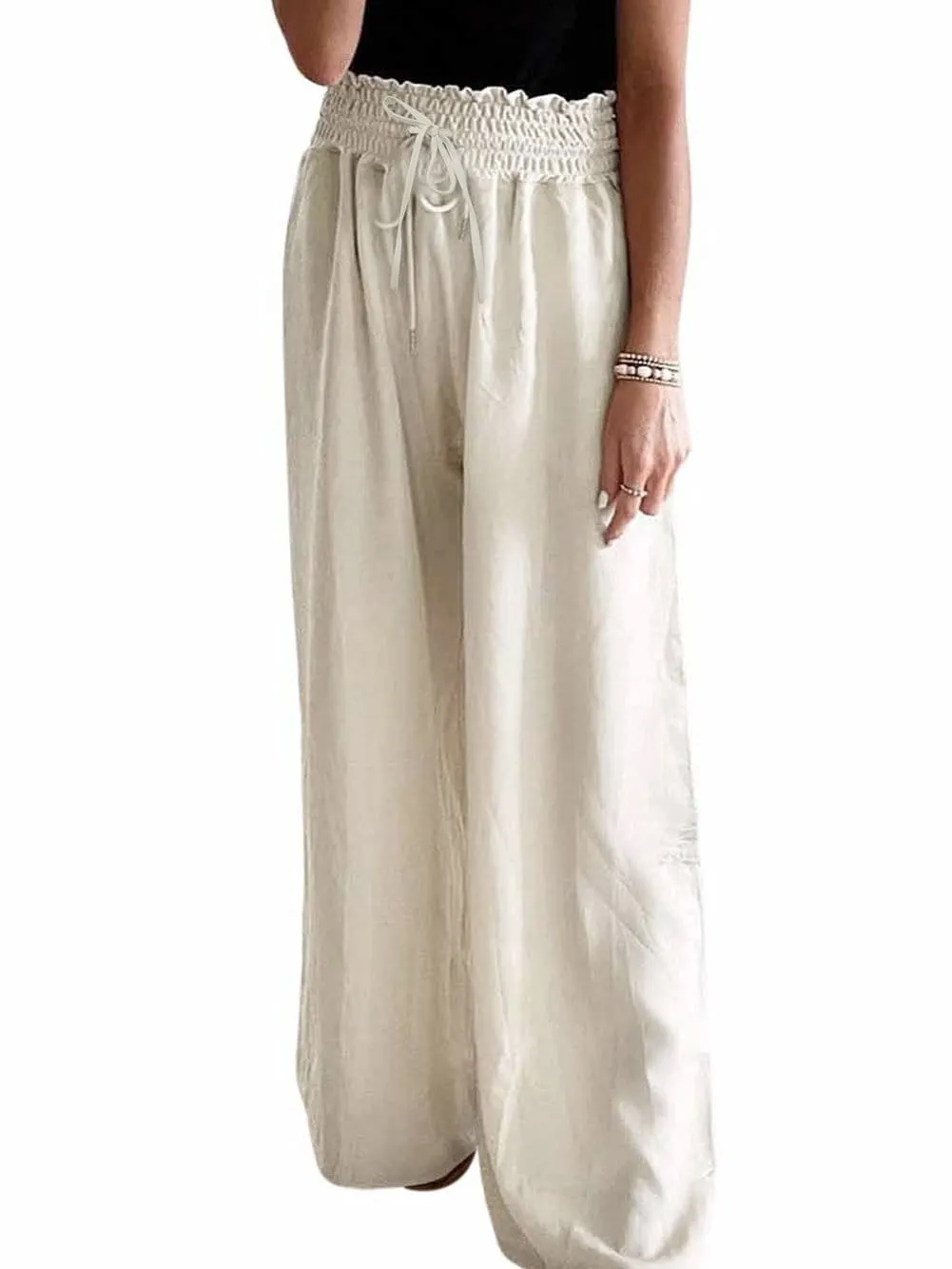 Beige High Waist Smocked Wide Leg Trousers