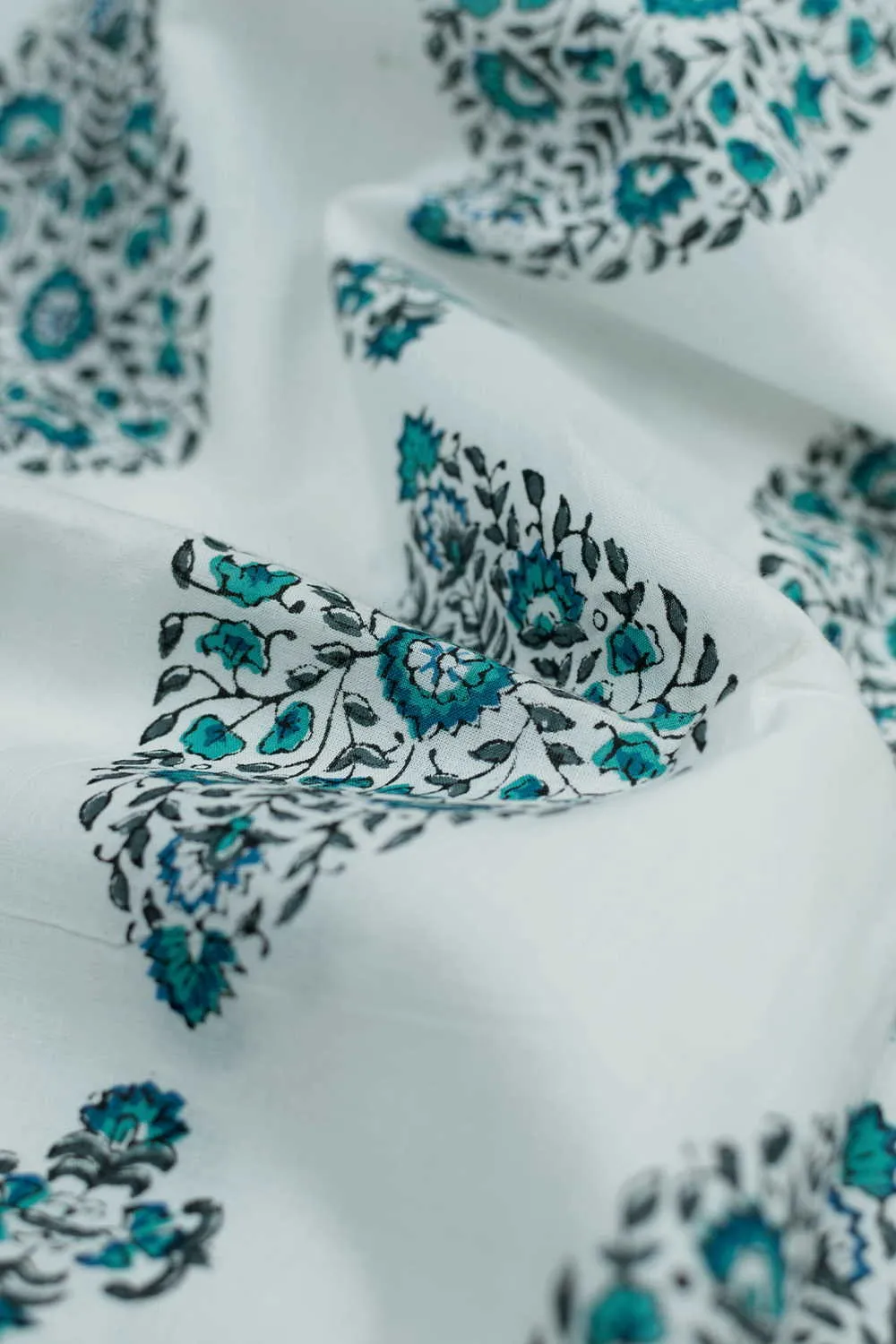 Blue Pattern on White Sanganeri Cotton Fabric