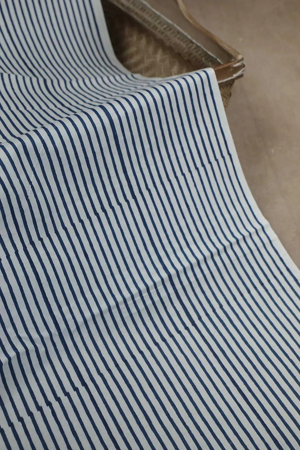 Blue Stripes on Cream Sanganeri Cotton Fabric - 1.3m