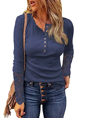 BTFBM Women Long Sleeve V Neck Button Up Solid Tops Blouses Trendy Slim Fit Lace Sleeves Ribbed Knit Casual Shirts Tunic (Lace Navy, Medium)