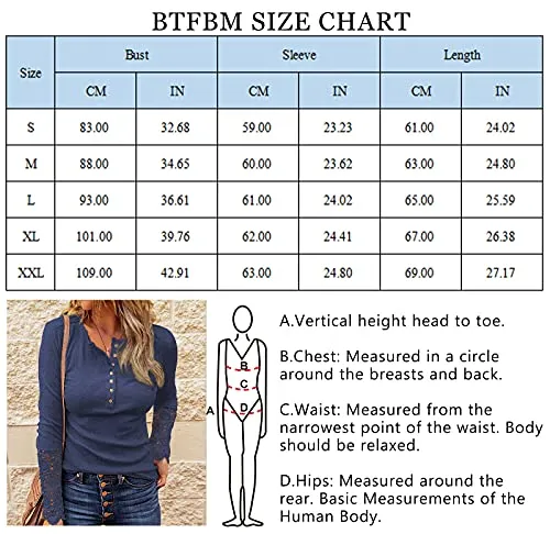 BTFBM Women Long Sleeve V Neck Button Up Solid Tops Blouses Trendy Slim Fit Lace Sleeves Ribbed Knit Casual Shirts Tunic (Lace Navy, Medium)