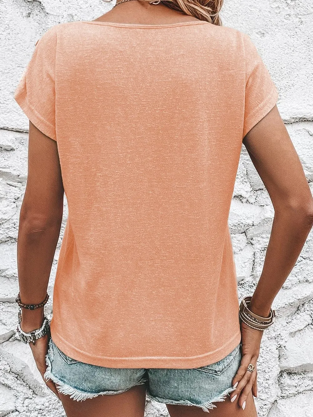 Button Accent Apricot Pink Batwing Sleeve Casual T-shirt