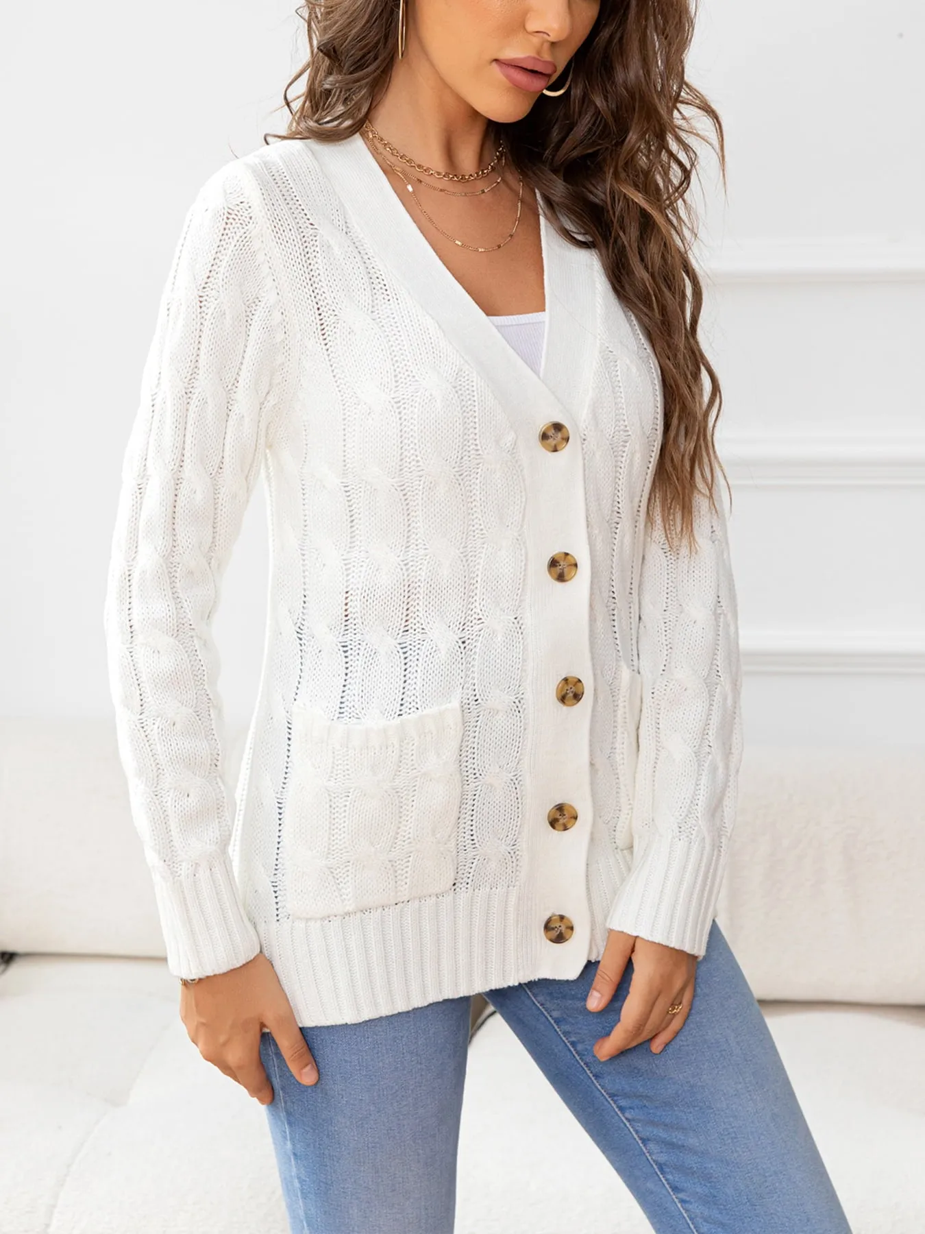 Button Down Cable-Knit Cardigan