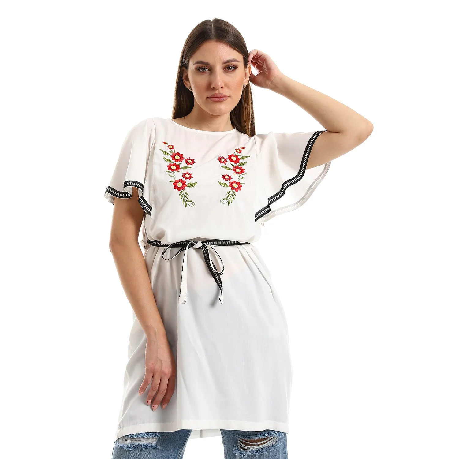 Cap Sleeves Chest Stitched Flowers Dress - White