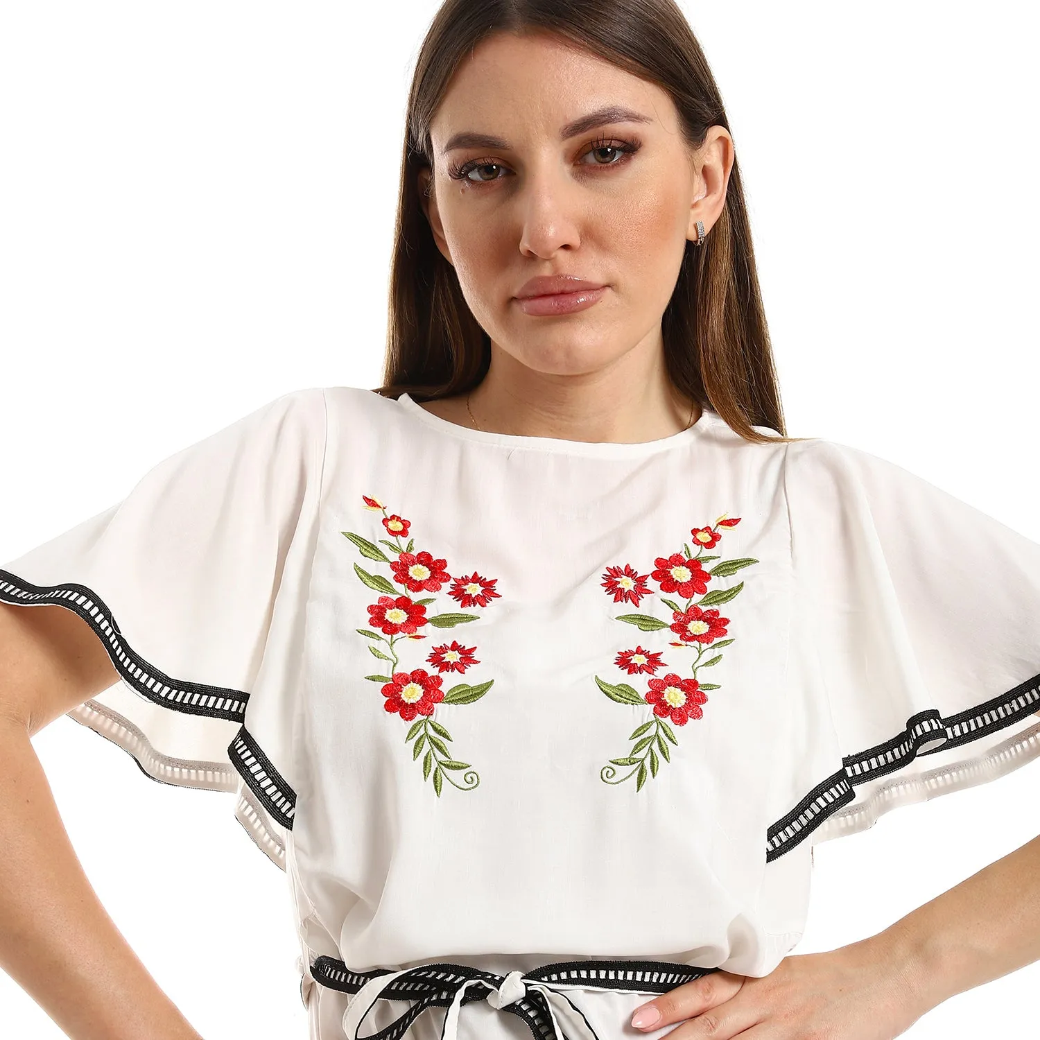 Cap Sleeves Chest Stitched Flowers Dress - White