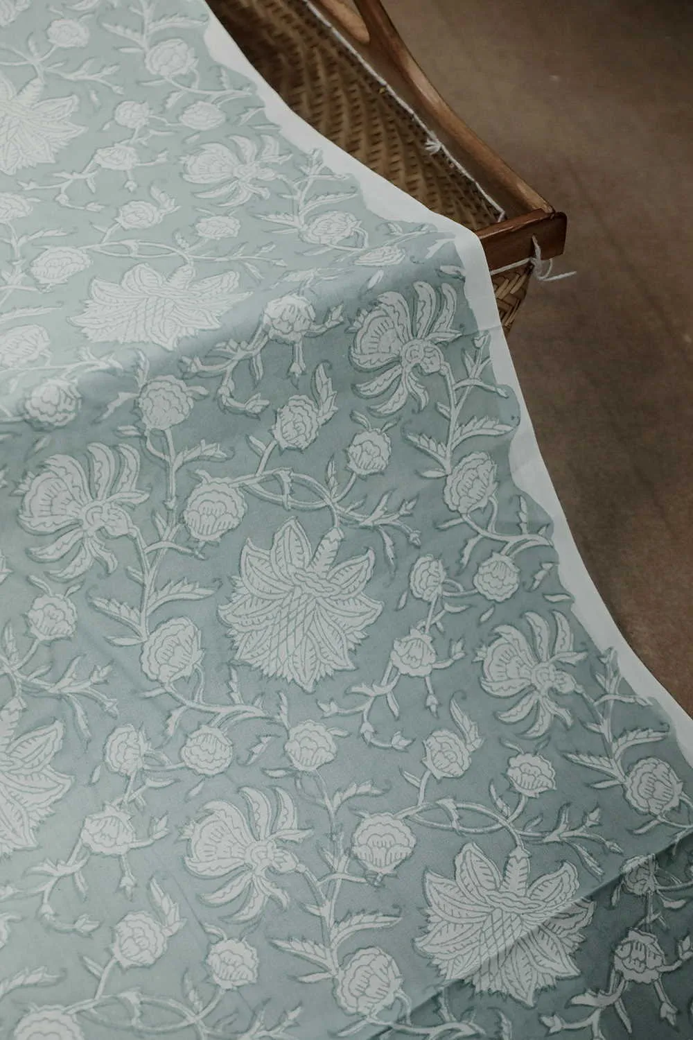 Cream Floral on Light Grey Sanganeri Cotton Fabric