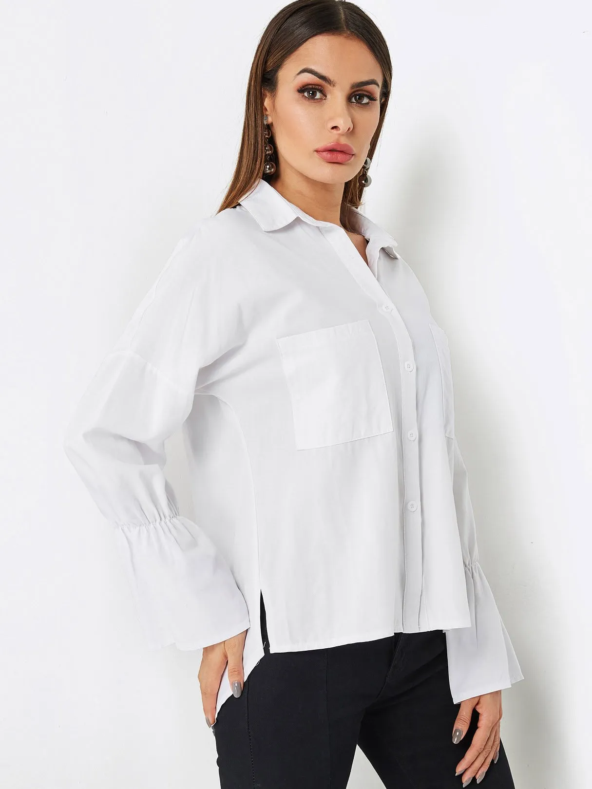 Custom Classic Collar Side Pockets Long Sleeve White Blouses