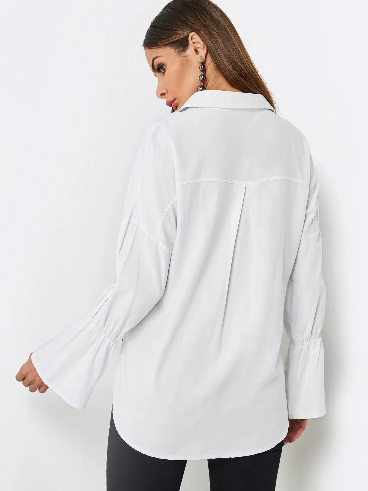 Custom Classic Collar Side Pockets Long Sleeve White Blouses