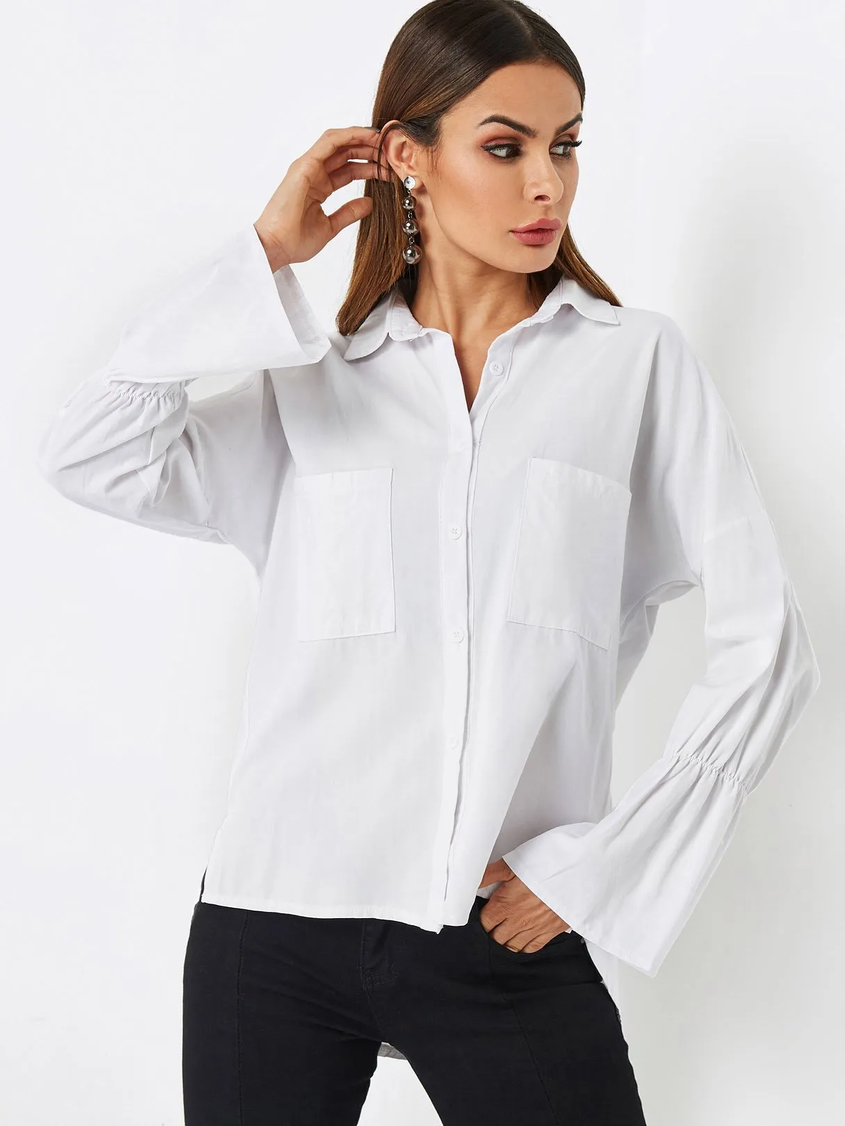 Custom Classic Collar Side Pockets Long Sleeve White Blouses