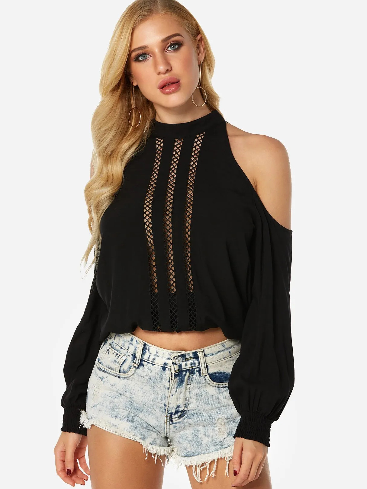 Custom Cold Shoulder Hollow Long Sleeve Black Top