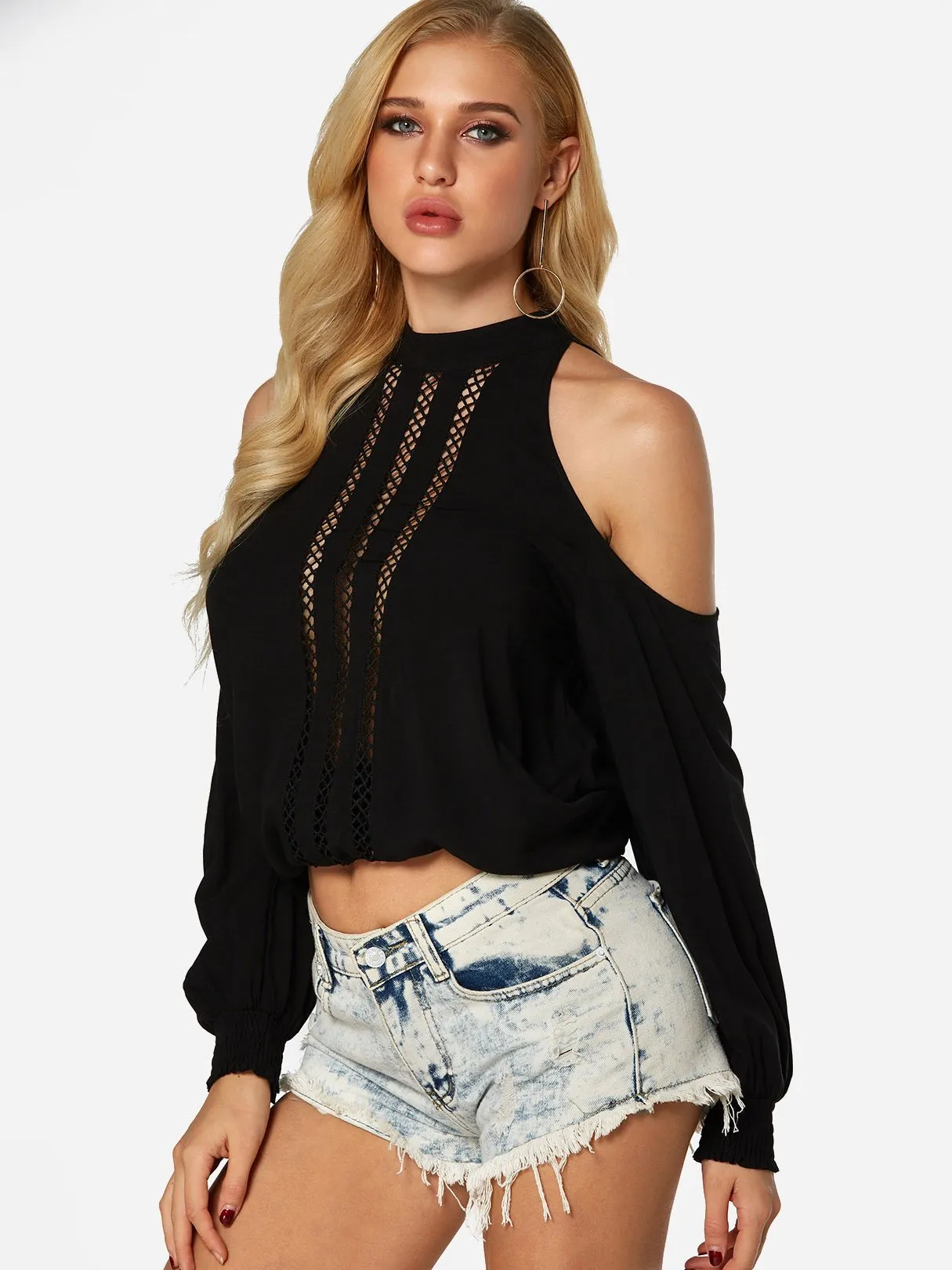 Custom Cold Shoulder Hollow Long Sleeve Black Top