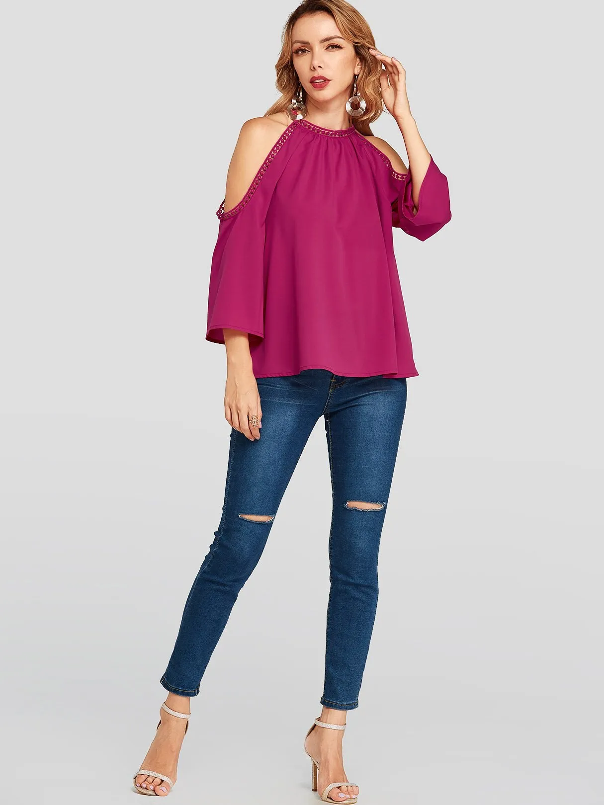 Custom Cold Shoulder Plain Hollow 3/4 Sleeve Blouses