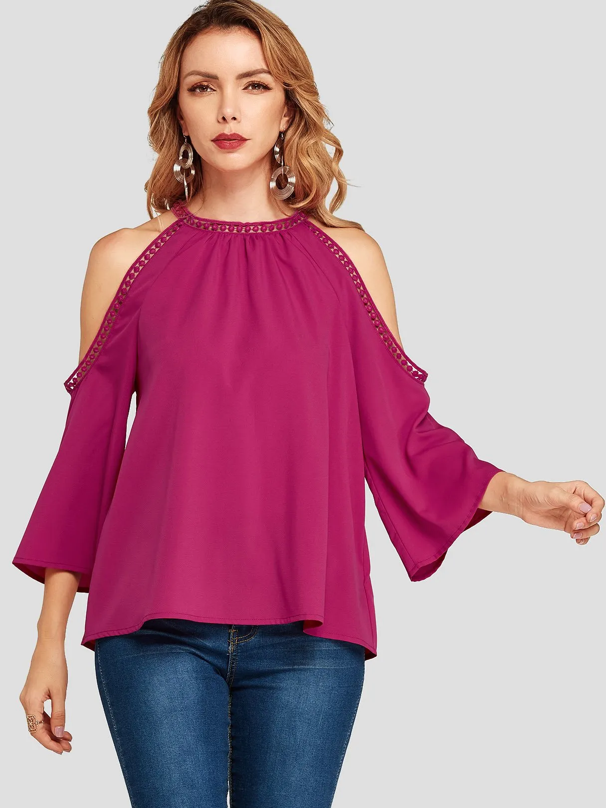 Custom Cold Shoulder Plain Hollow 3/4 Sleeve Blouses