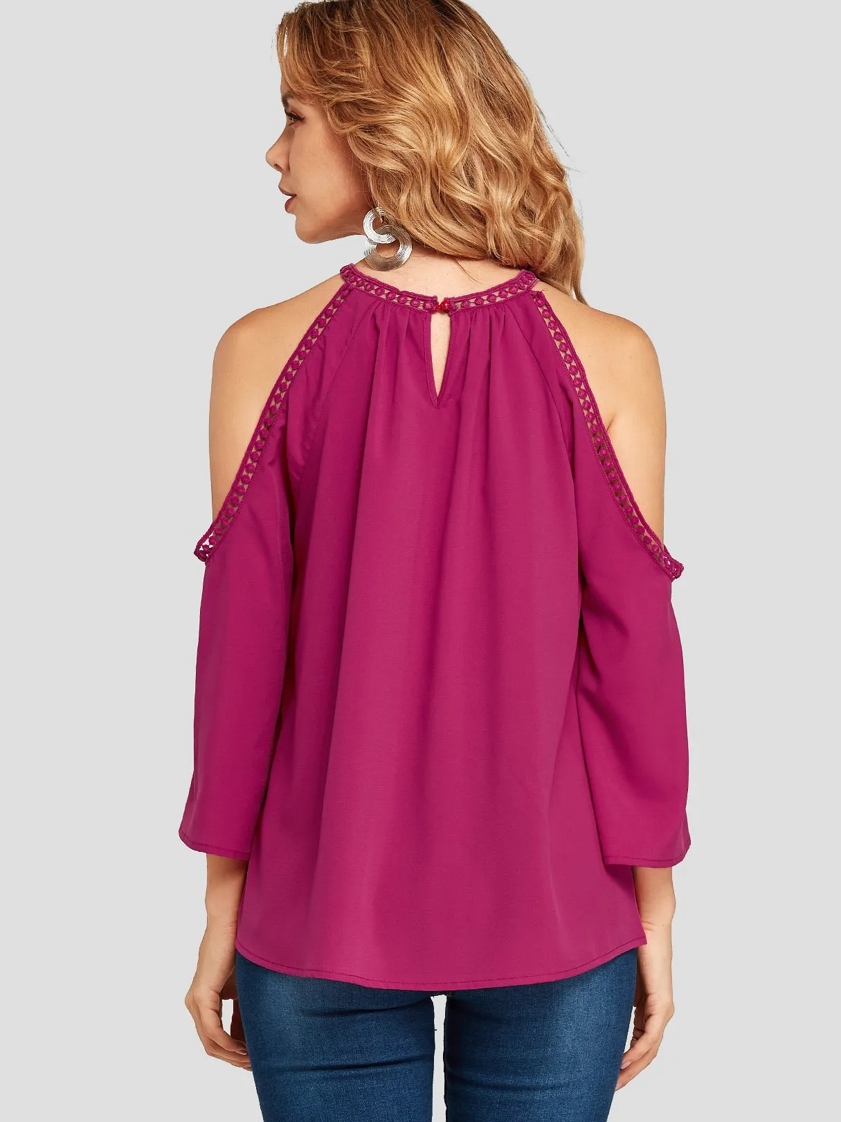 Custom Cold Shoulder Plain Hollow 3/4 Sleeve Blouses