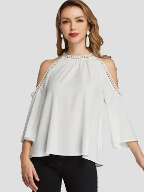 Custom Cold Shoulder Plain Hollow 3/4 Sleeve Blouses