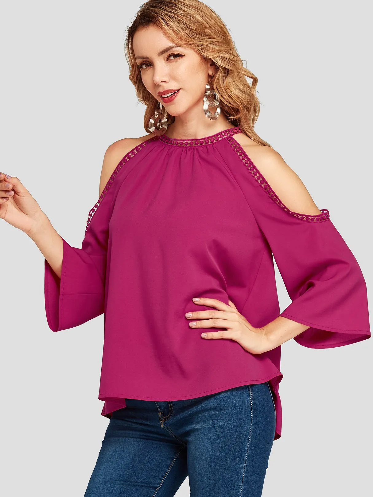 Custom Cold Shoulder Plain Hollow 3/4 Sleeve Blouses