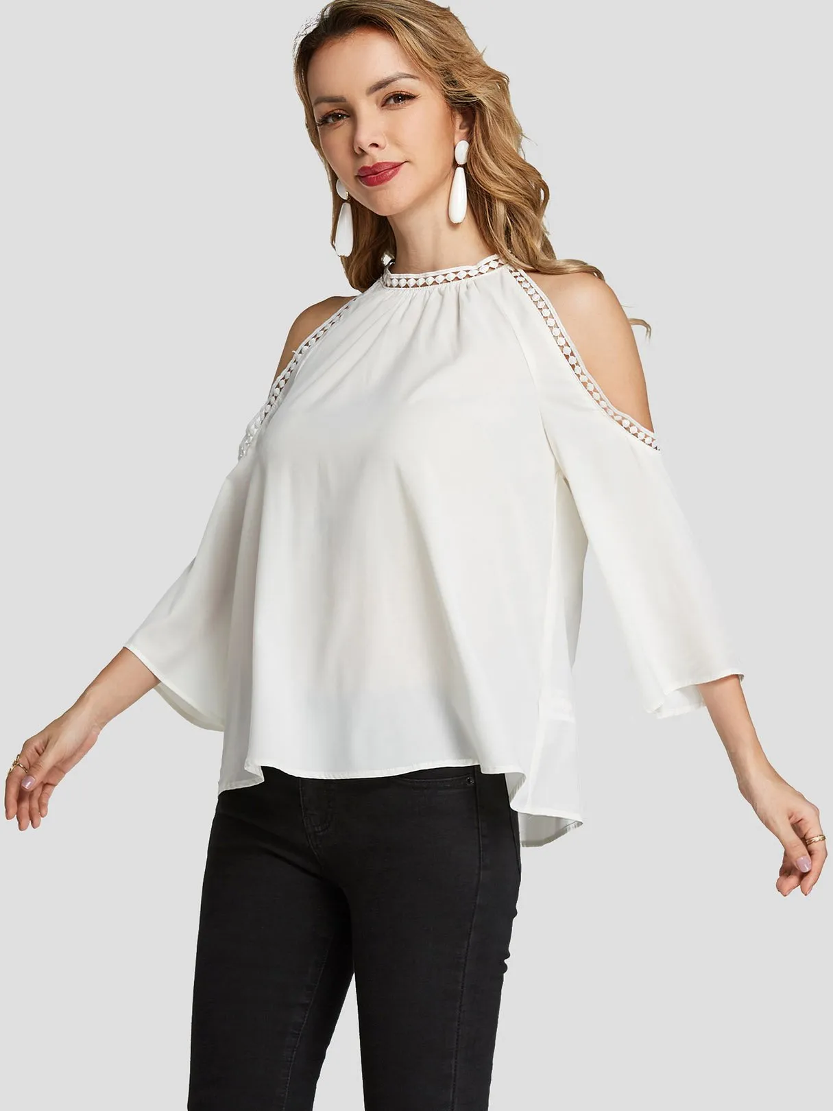 Custom Cold Shoulder Plain Hollow 3/4 Sleeve Blouses