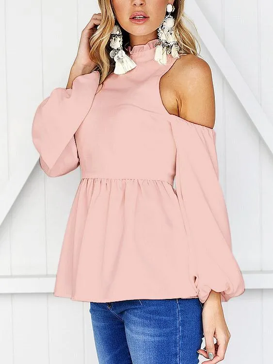 Custom Cold Shoulder Plain Zip Back Long Sleeve Flounced Hem Top