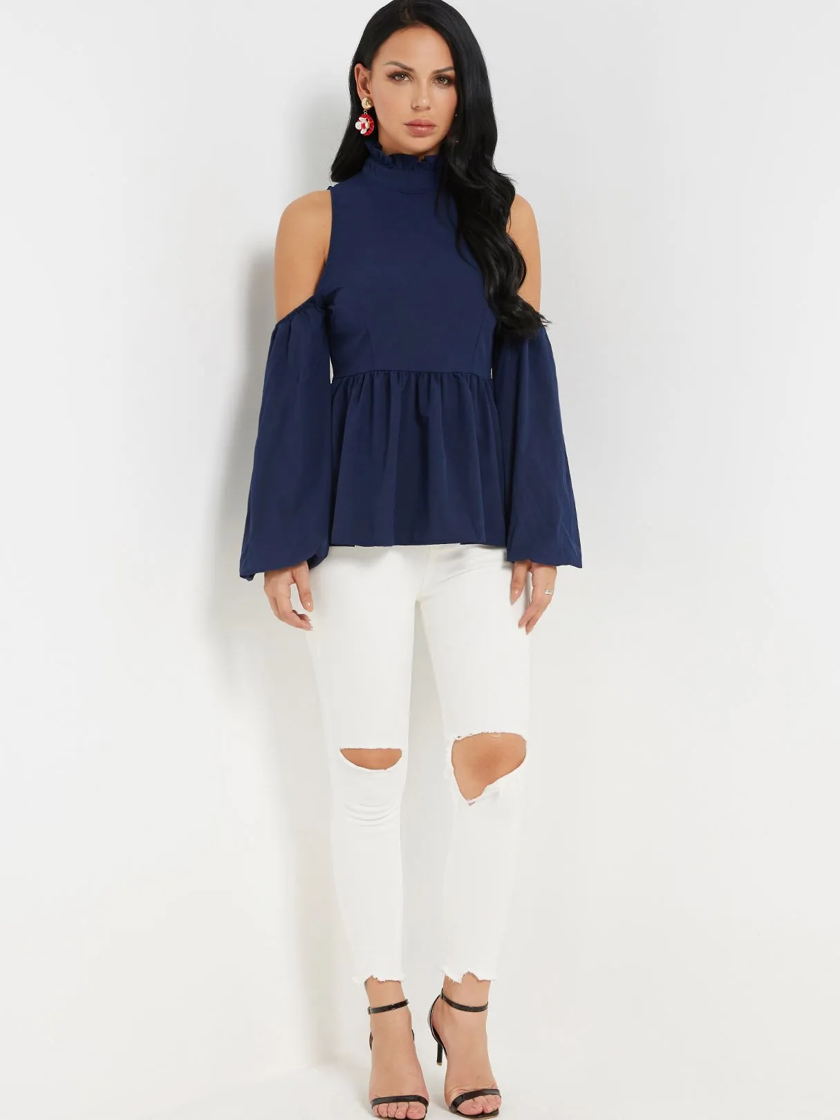 Custom Cold Shoulder Plain Zip Back Long Sleeve Flounced Hem Top