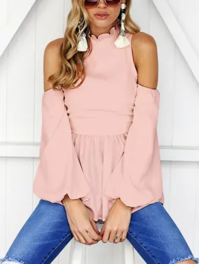 Custom Cold Shoulder Plain Zip Back Long Sleeve Flounced Hem Top