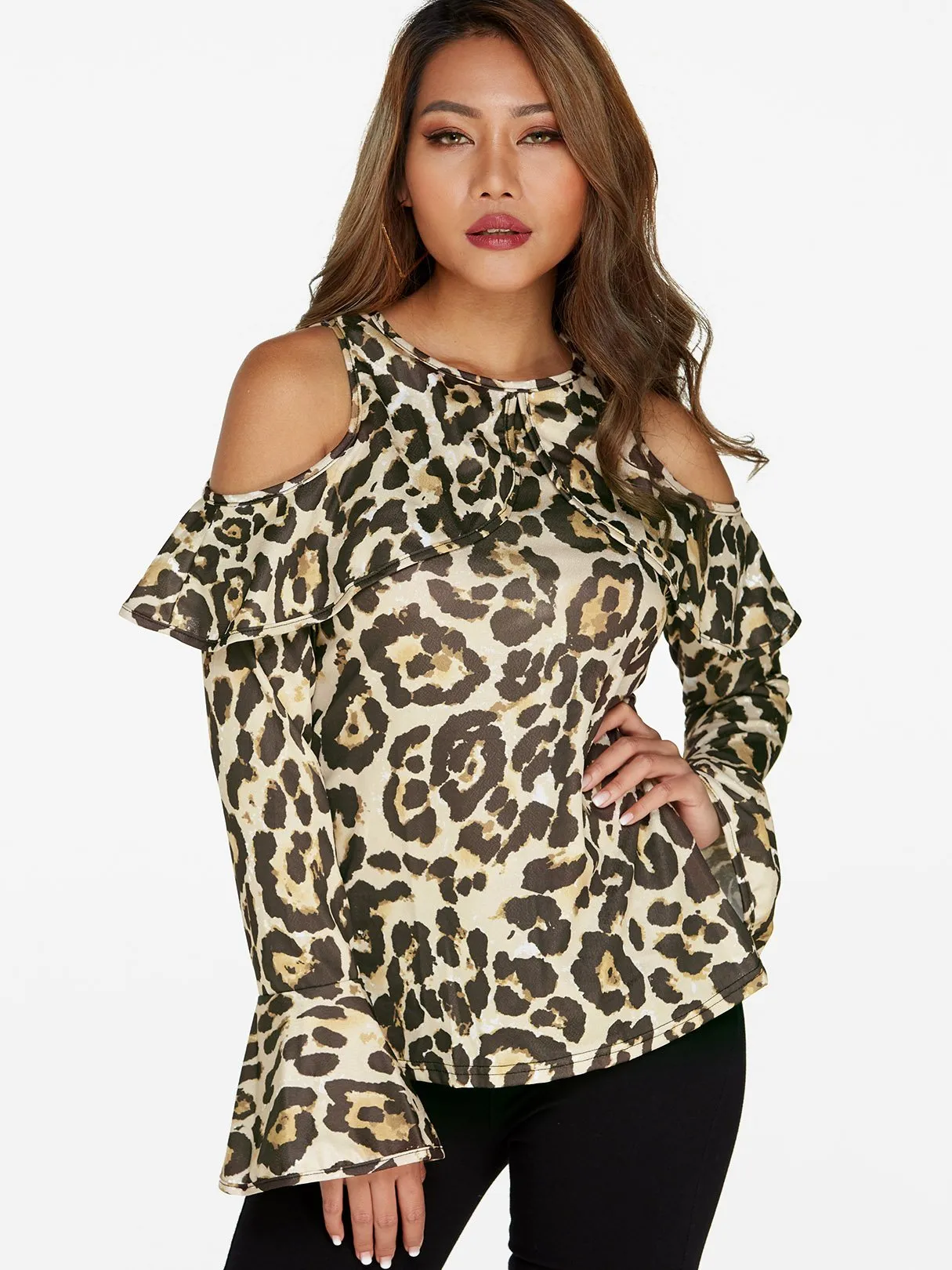 Custom Cold Shoulder Snake Long Sleeve Blouses