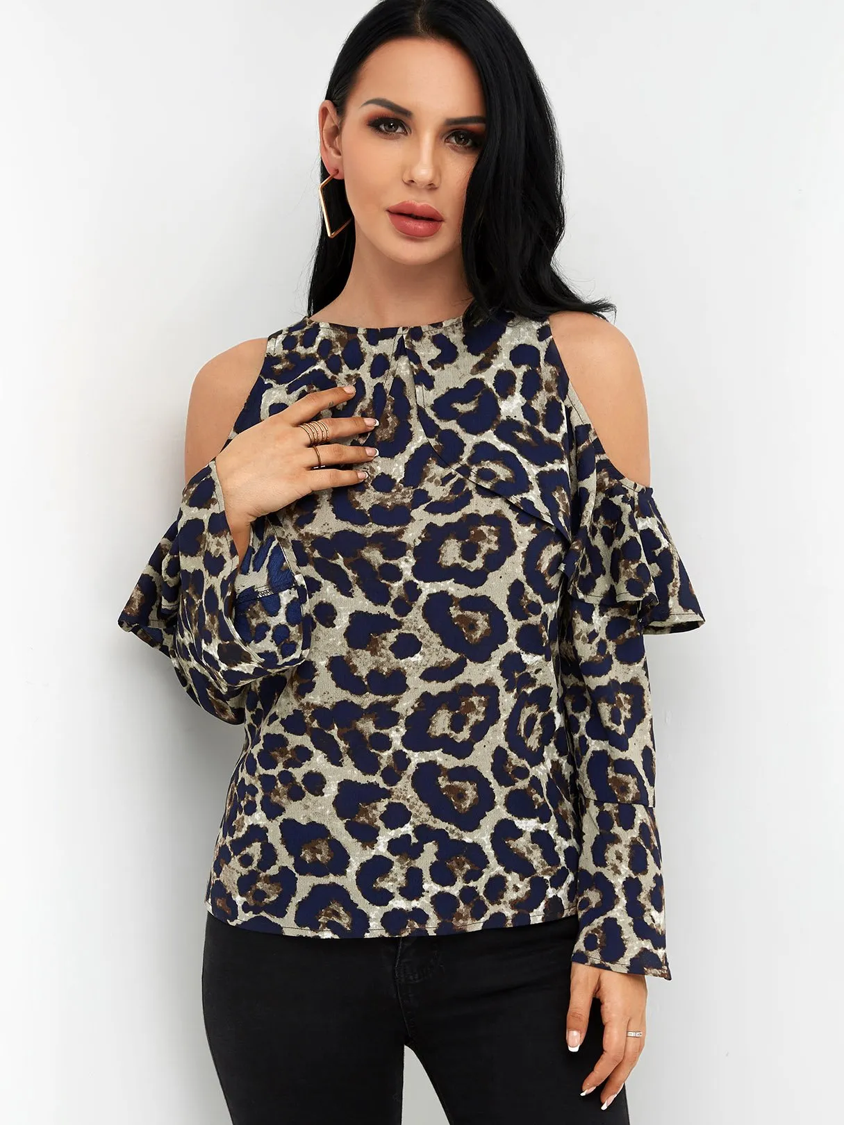 Custom Cold Shoulder Snake Long Sleeve Blouses