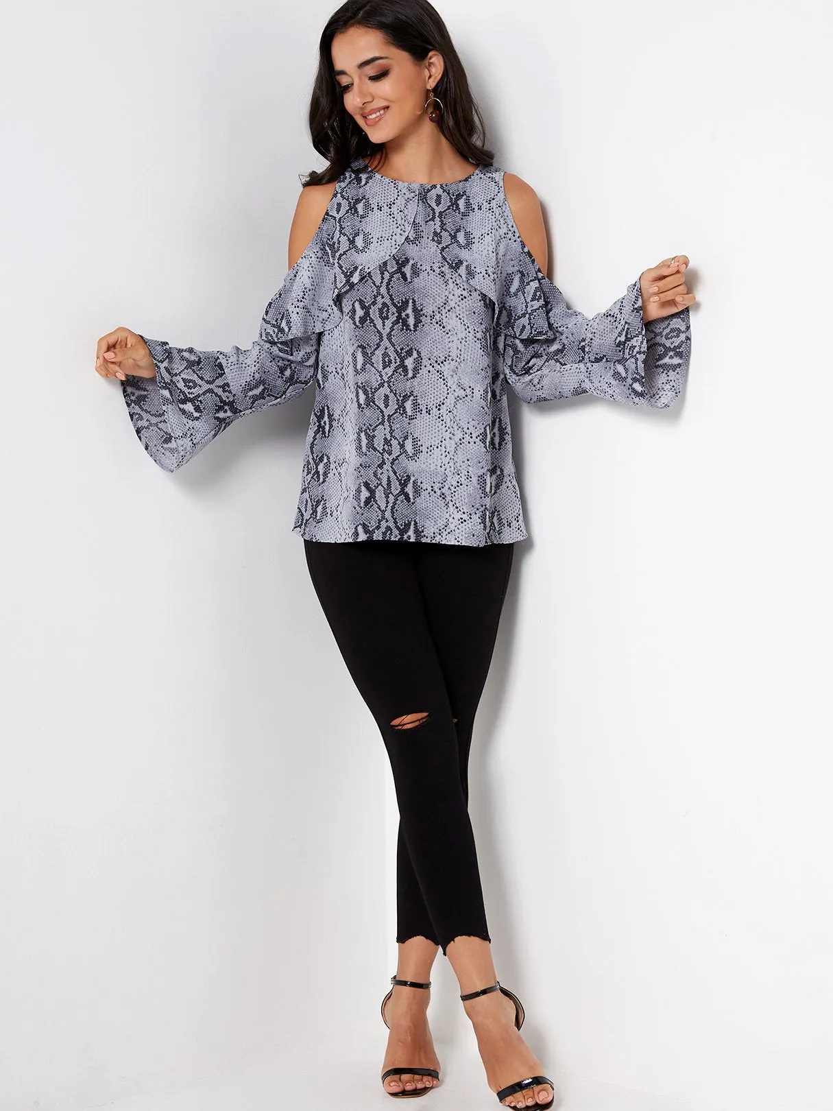 Custom Cold Shoulder Snake Long Sleeve Blouses