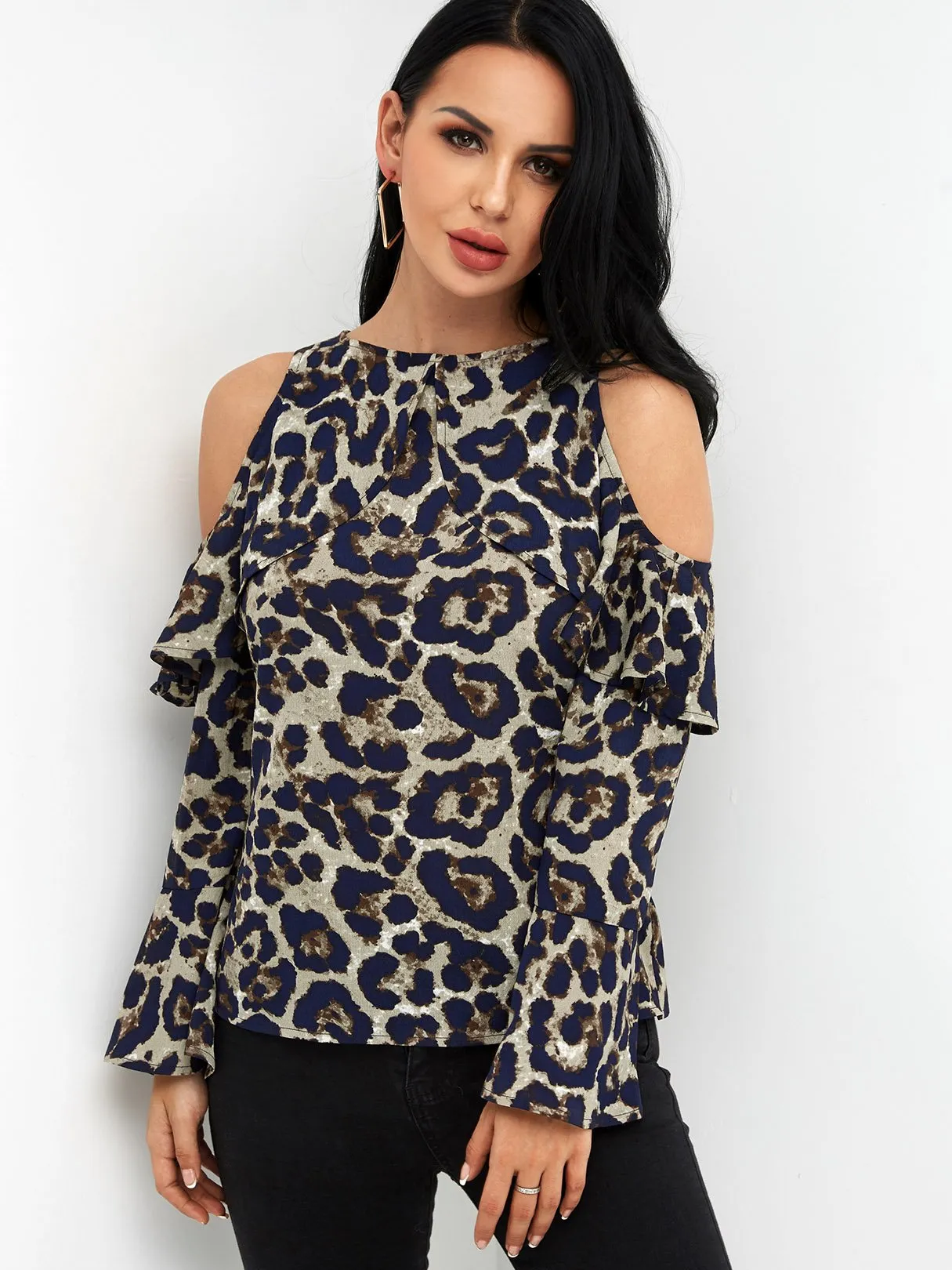 Custom Cold Shoulder Snake Long Sleeve Blouses