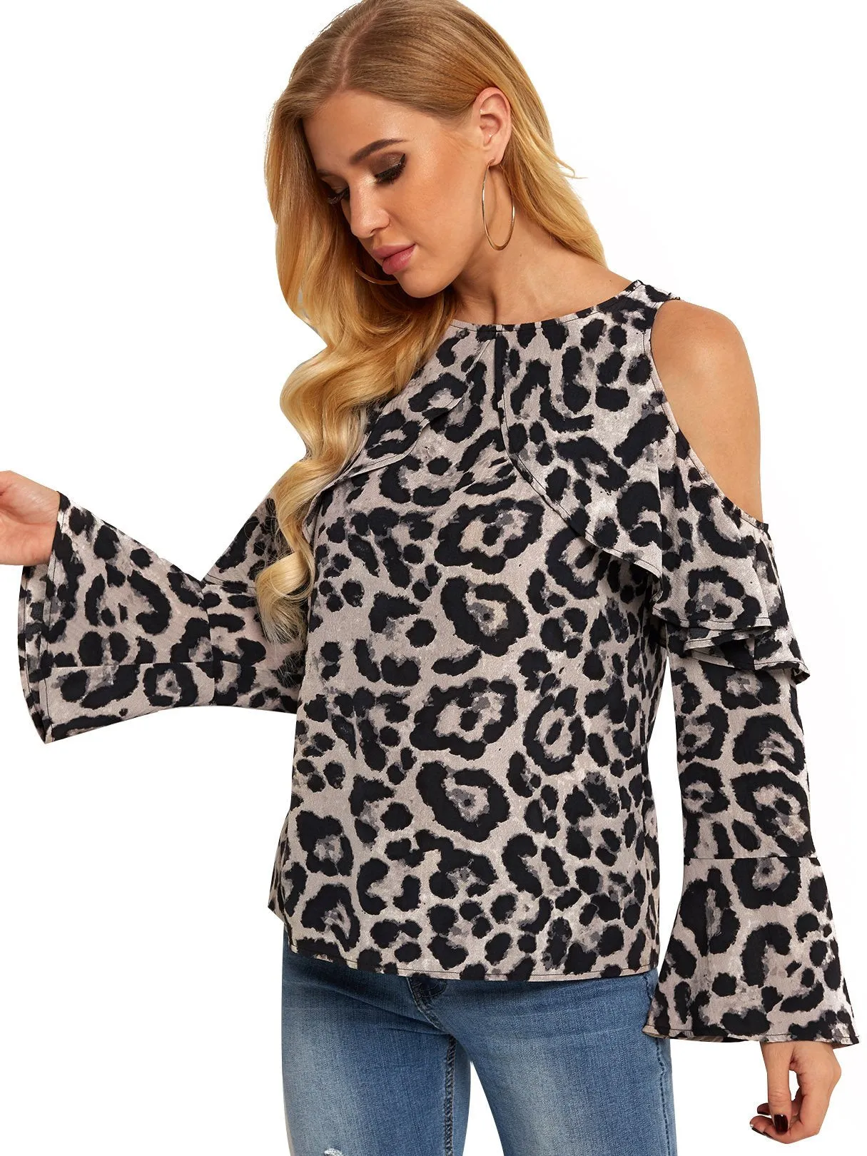 Custom Cold Shoulder Snake Long Sleeve Blouses