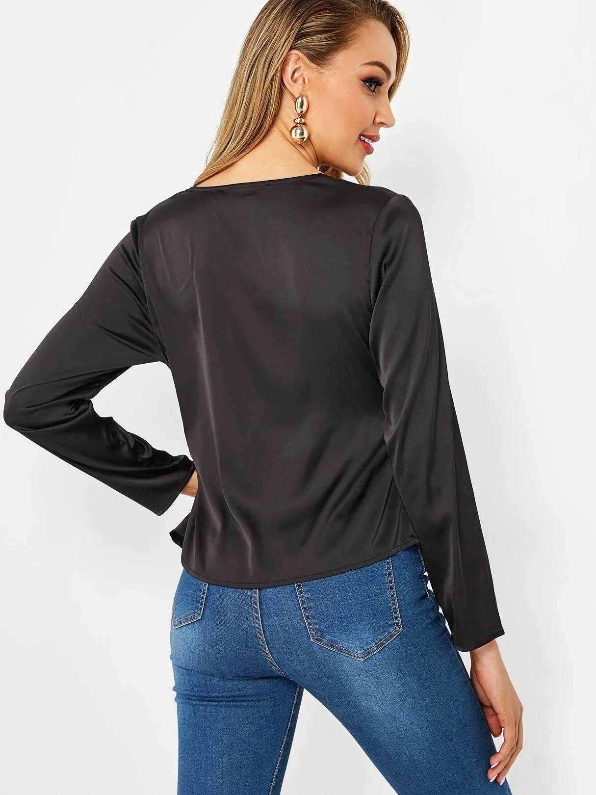 Custom Crossed Collar Plain Long Sleeve Irregular Hem Black Blouses