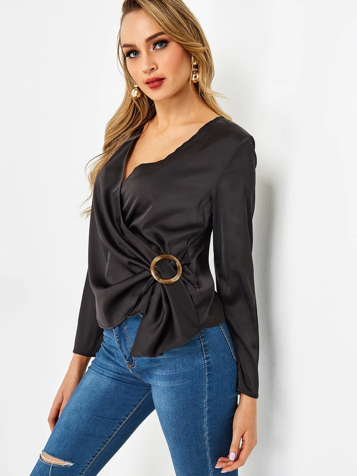 Custom Crossed Collar Plain Long Sleeve Irregular Hem Black Blouses