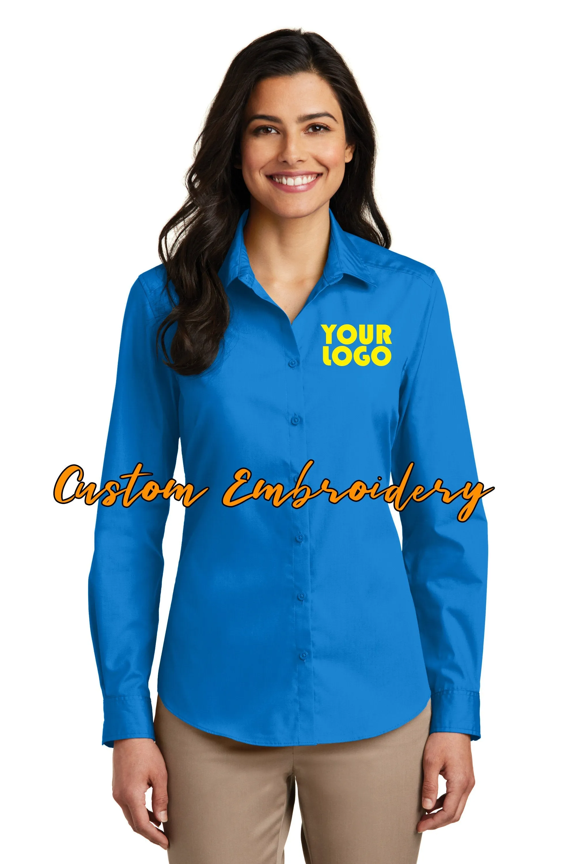 Custom Embroidery on Ladies Long Sleeve Carefree Poplin Button-Up Shirt - Includes 4in x 4in Embroidery - No Setup - Personalize Shirt