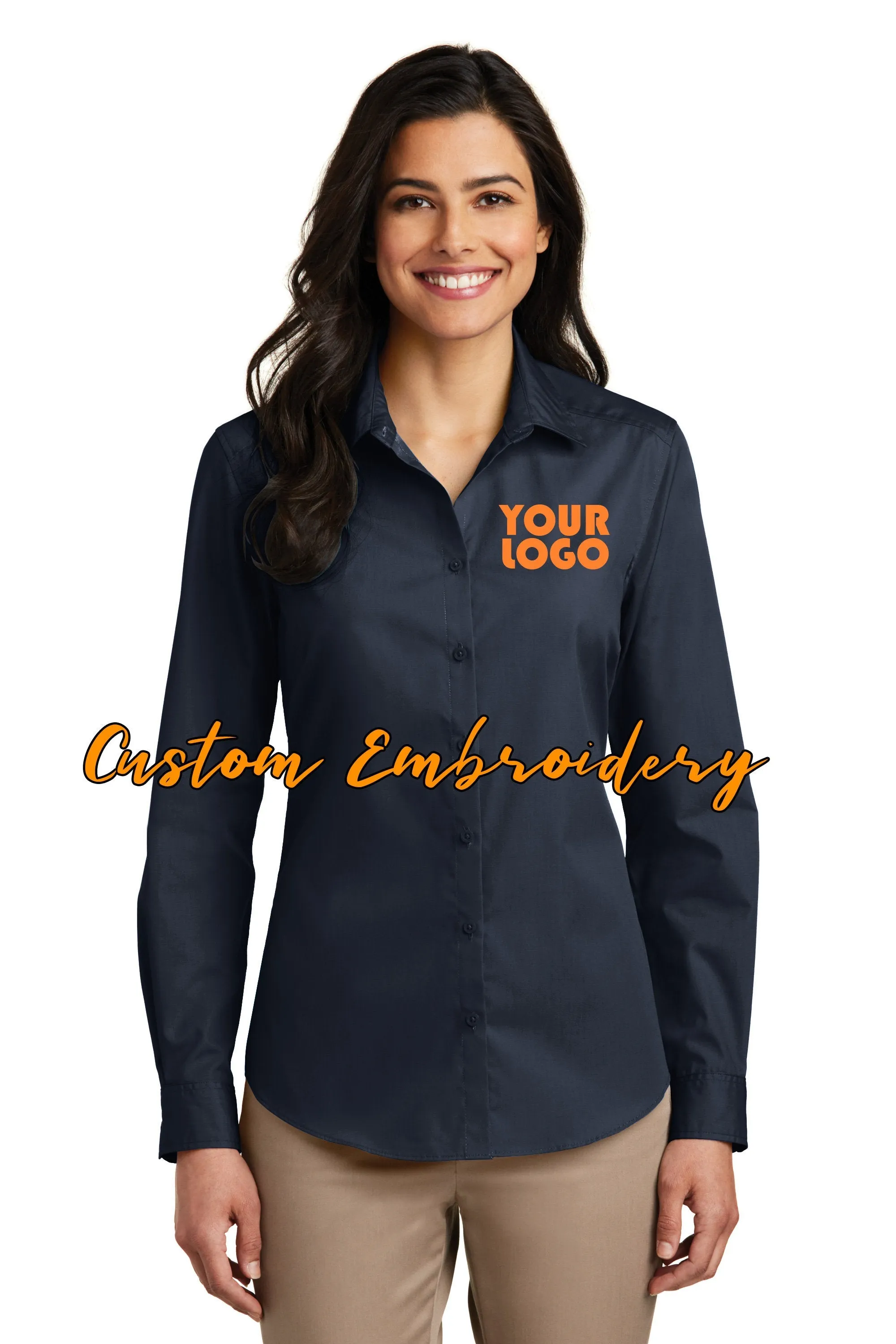 Custom Embroidery on Ladies Long Sleeve Carefree Poplin Button-Up Shirt - Includes 4in x 4in Embroidery - No Setup - Personalize Shirt