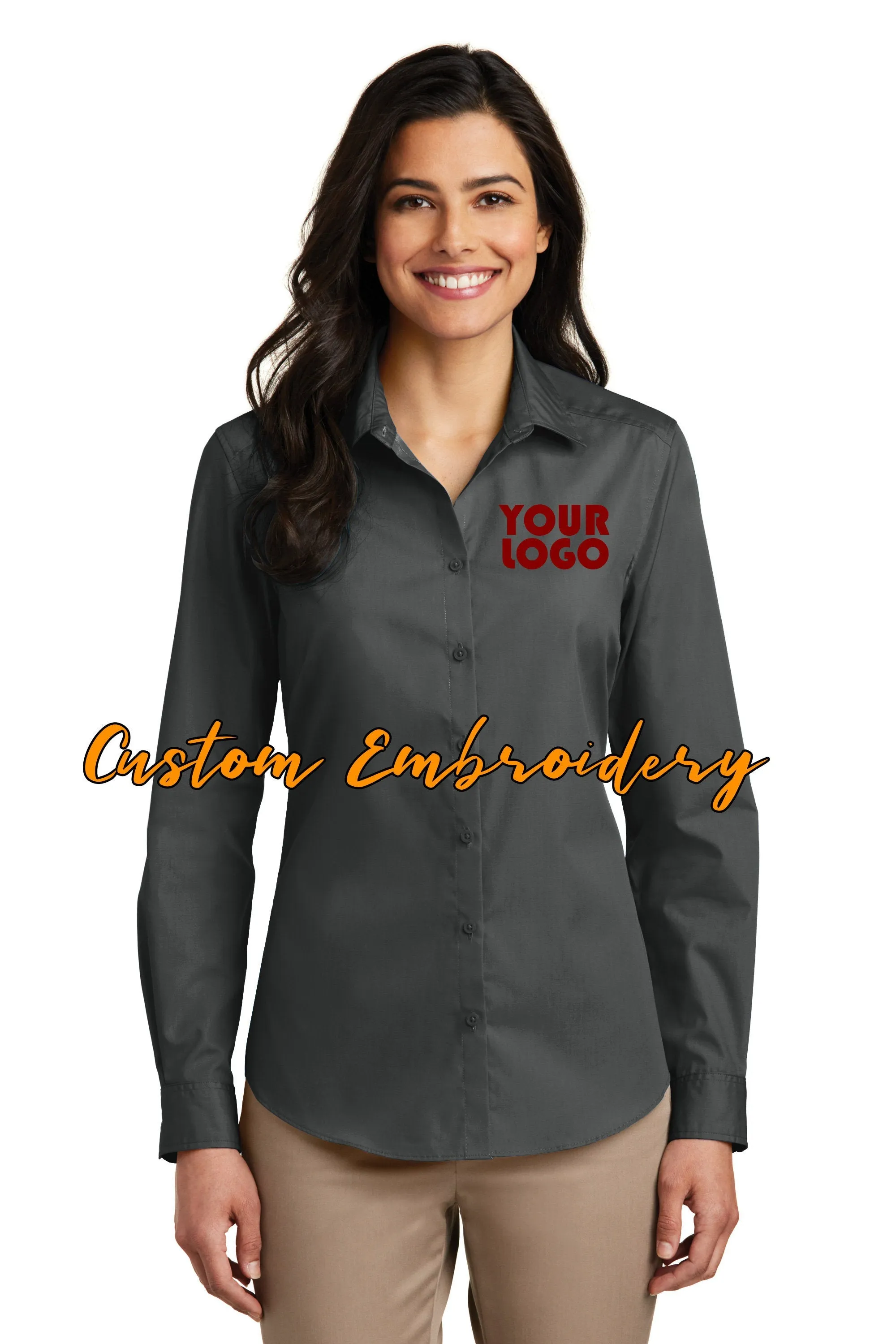 Custom Embroidery on Ladies Long Sleeve Carefree Poplin Button-Up Shirt - Includes 4in x 4in Embroidery - No Setup - Personalize Shirt