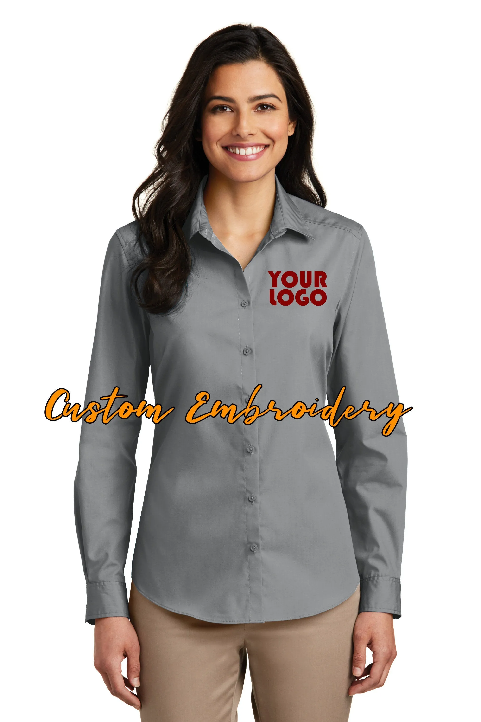 Custom Embroidery on Ladies Long Sleeve Carefree Poplin Button-Up Shirt - Includes 4in x 4in Embroidery - No Setup - Personalize Shirt